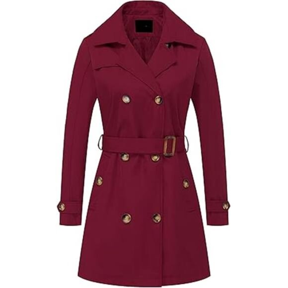 Women's Double Breasted Trench Coats Mid-Length Belted Overcoat - Picture 16 of 16